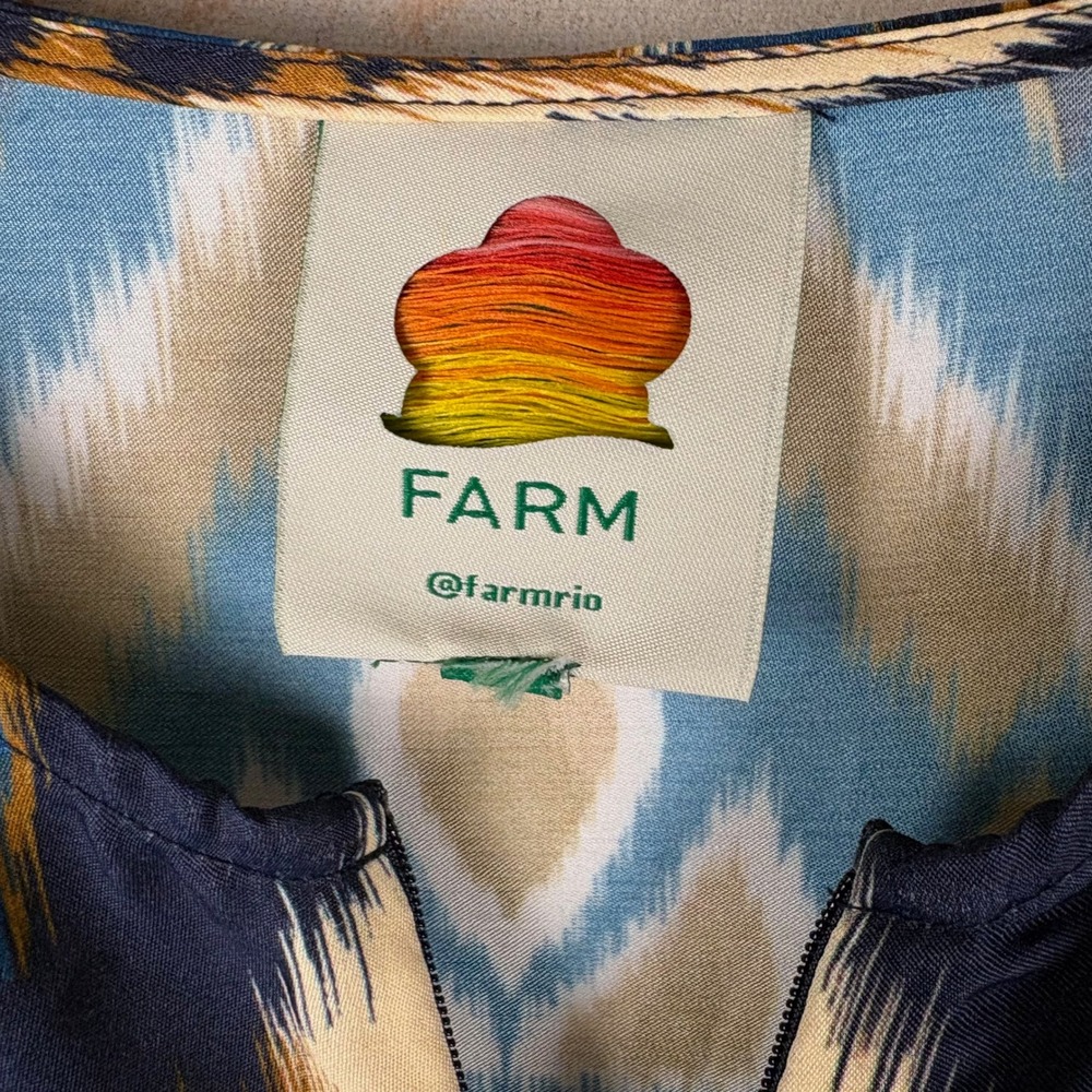 Farm Rio Blue Gold Pineapple Ikat Long Sleeve Maxi Dress L Boho Tribal Statement - Picture 2 of 11